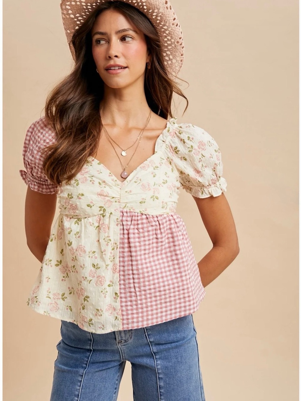 Mixed-Print Pink Floral & Gingham Puff Sleeve Blouse